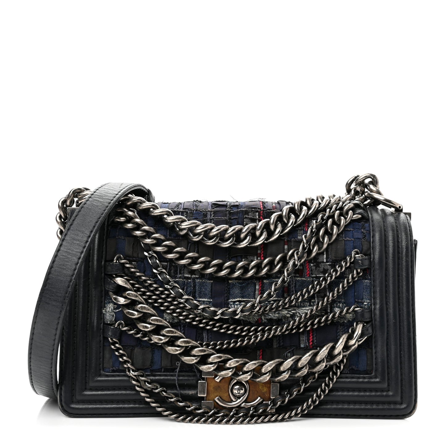 Lambskin Denim Tweed Medium Enchained Boy Flap Navy Blue