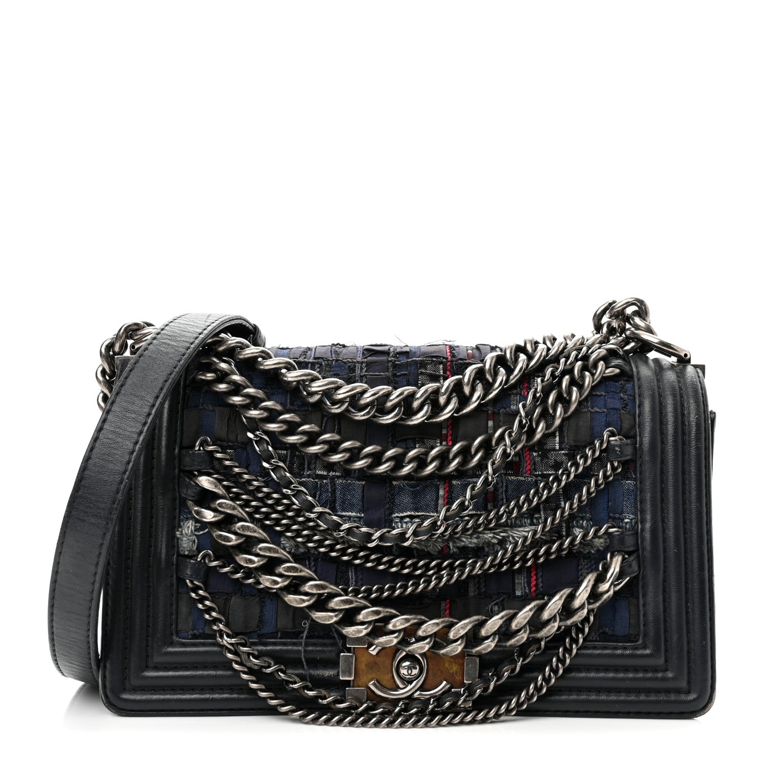 Chanel Lambskin Denim Tweed Medium Enchained Boy Flap Navy Blue 1 of 12