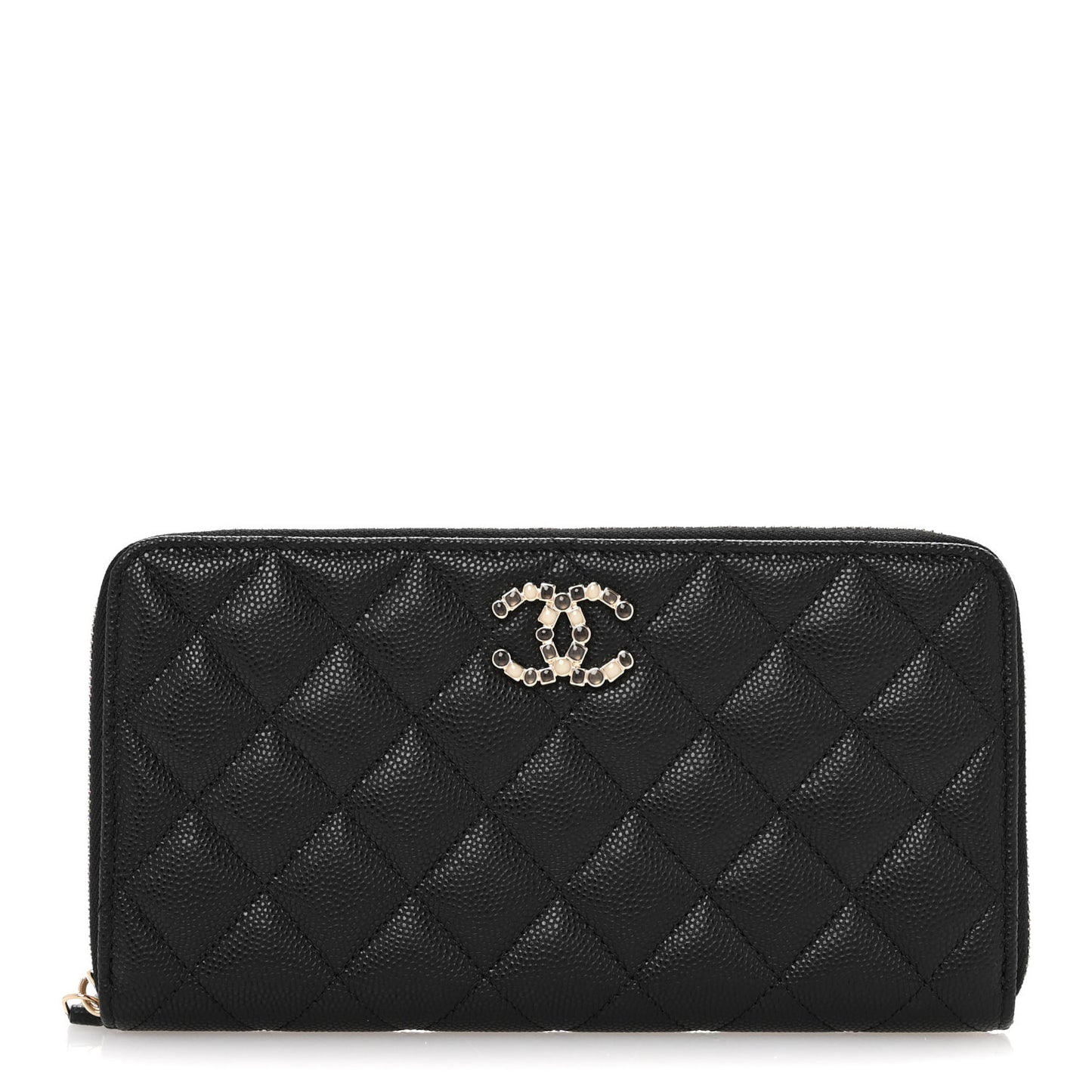 Caviar Quilted Enamel Long Zipped Wallet Black