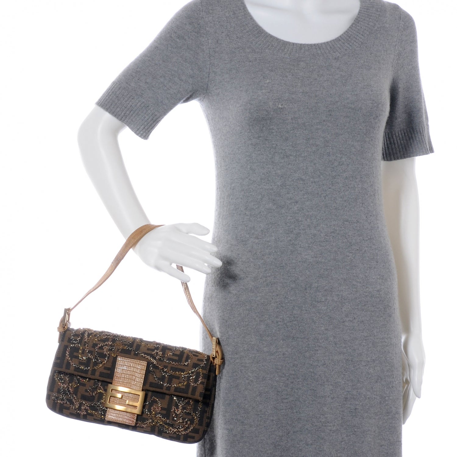 Fendi Zucca Lizard Beaded Baguette Tobacco 2 of 8