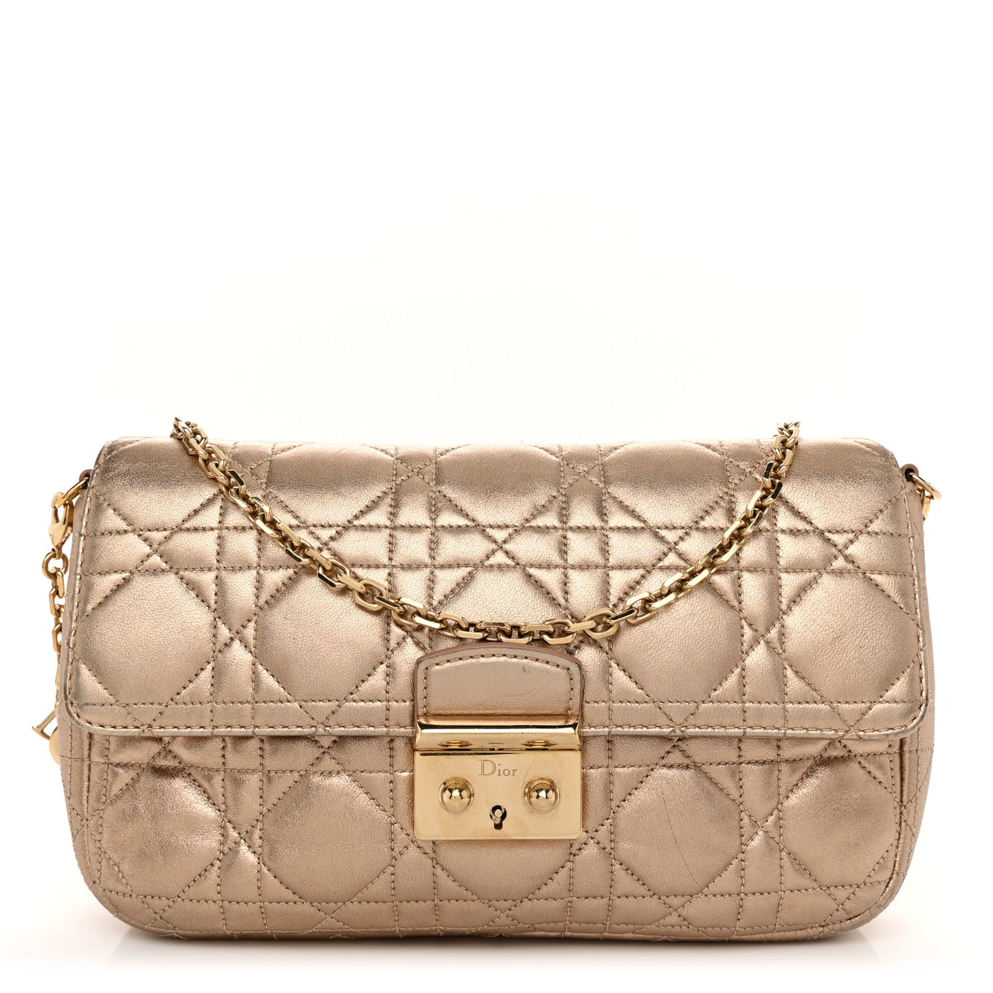 Metallic Lambskin Cannage Wallet on Chain Gold