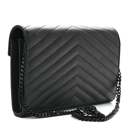 Saint Laurent Grain De Poudre Matelasse Chevron Monogram Monochrome Chain Wallet Black 3 of 11