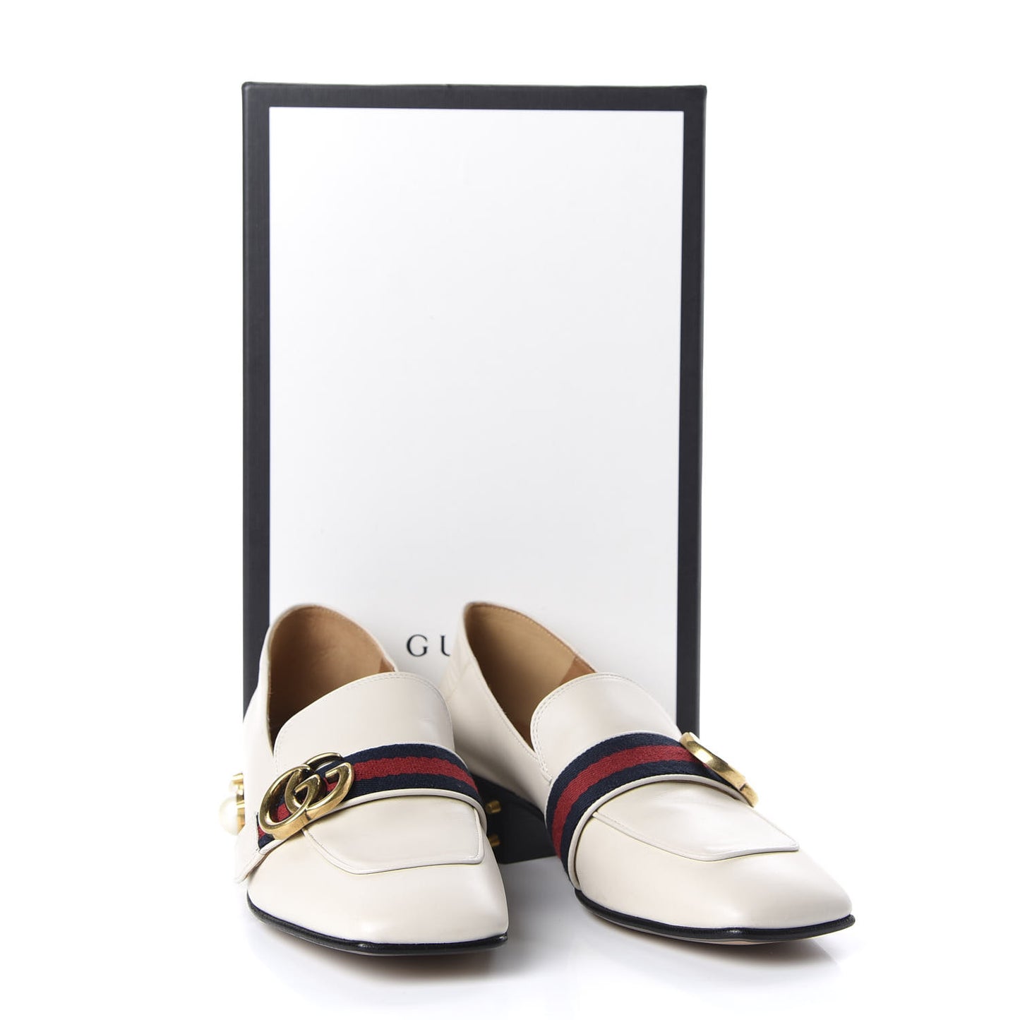 Betis Glamour Calfskin Web Pearl Embellished Peyton 35mm Loafer Pumps 36.5 Mystic White
