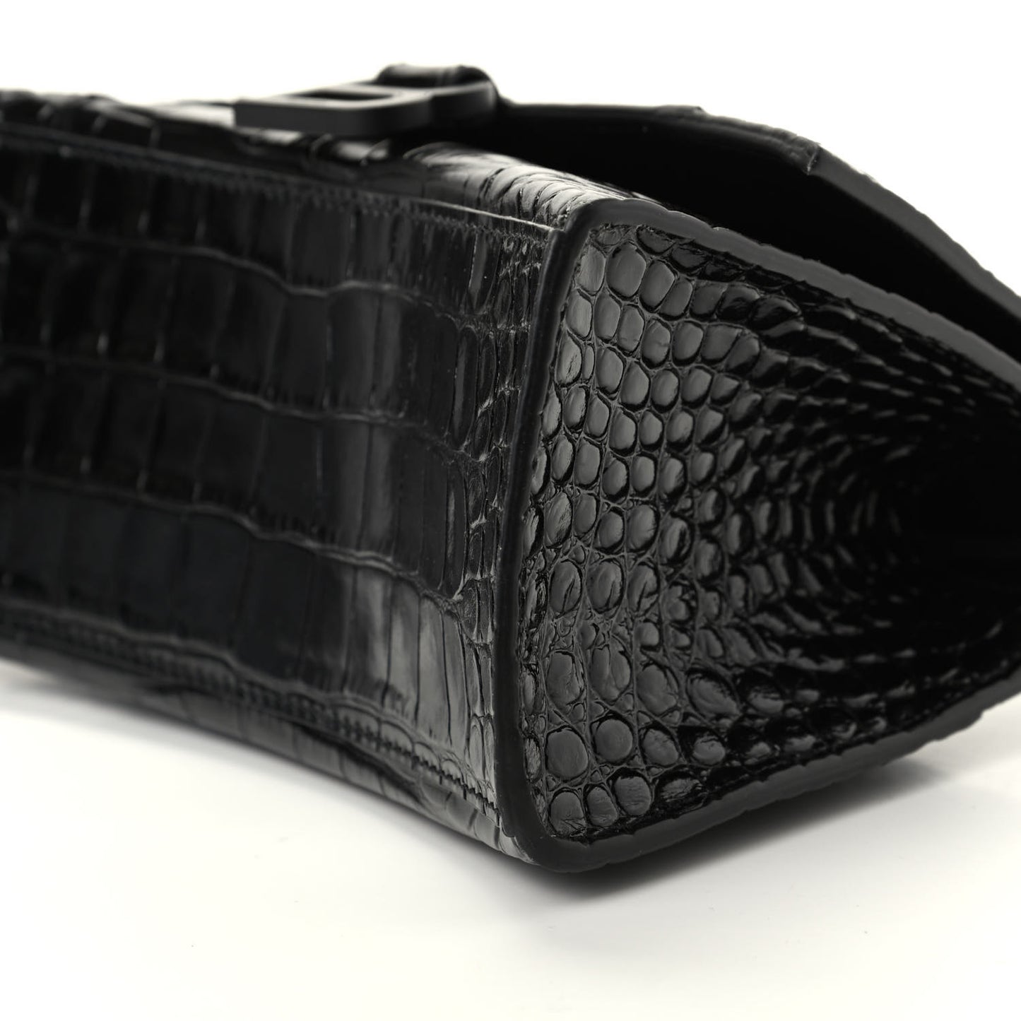 Shiny Calfskin Monochrome Crocodile Embossed Small Hourglass Top Handle Bag Black