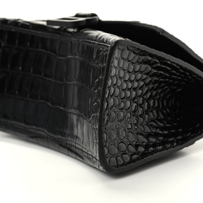 Balenciaga Shiny Calfskin Monochrome Crocodile Embossed Small Hourglass Top Handle Bag Black 7 of 8
