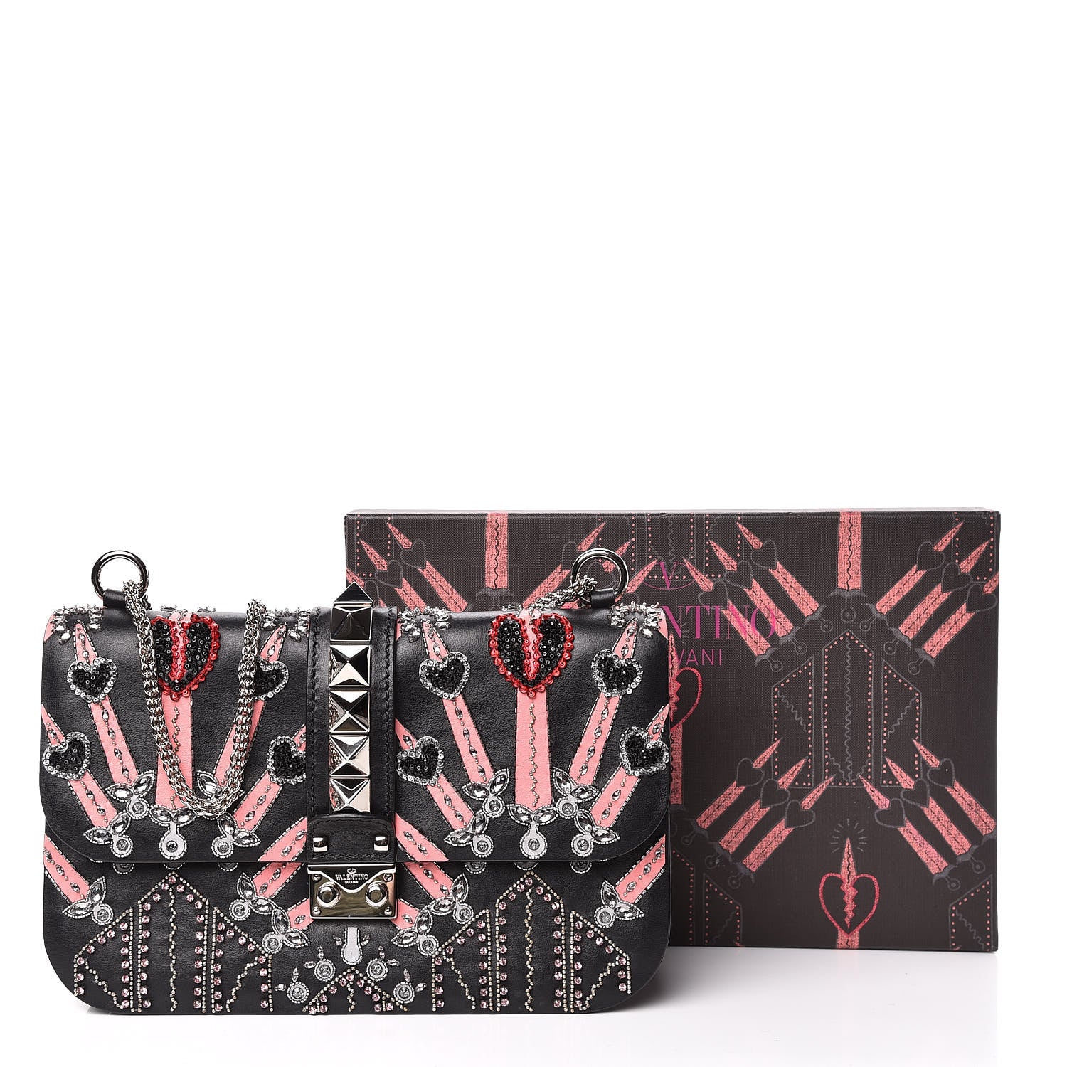 Valentino Garavani Vitello Crystal Loveblade Embellished Medium Glam Lock Rockstud Flap Black 12 of 12