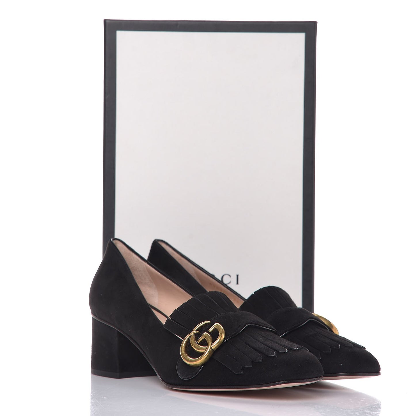 Kid Scamosciato GG Marmont Fringe 50mm Loafer Pumps 38 Black