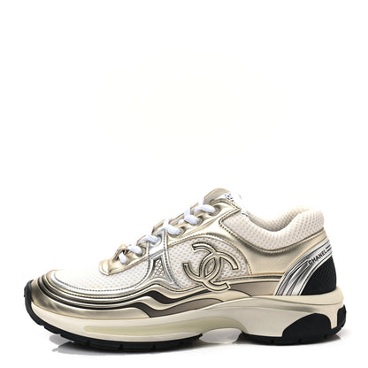 Chanel Fabric Laminated Calfskin Stretch CC Sneakers 38 White Gold Silver 1 of 7