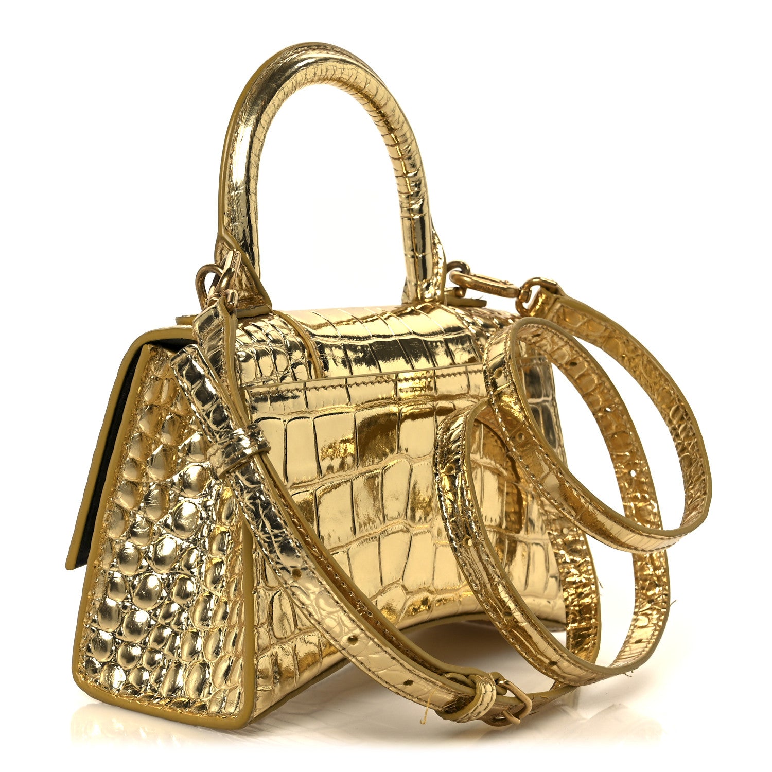 Balenciaga Metallic Calfskin Crocodile Embossed Hourglass Top Handle Bag XS Gold Gold 3 of 11