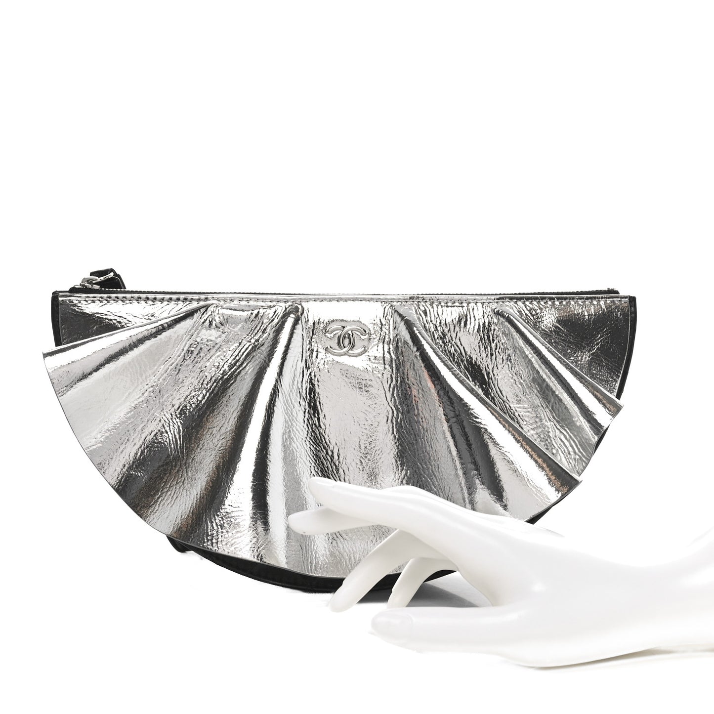 Metallic Lambskin Wave Clutch Black Silver