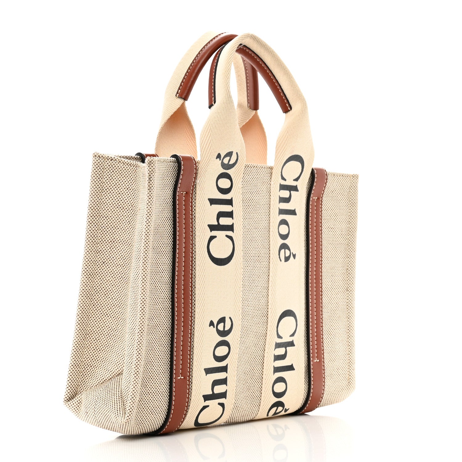Chloe Cotton Calfskin Small Woody Ribbon Tote White Brown 3 of 9