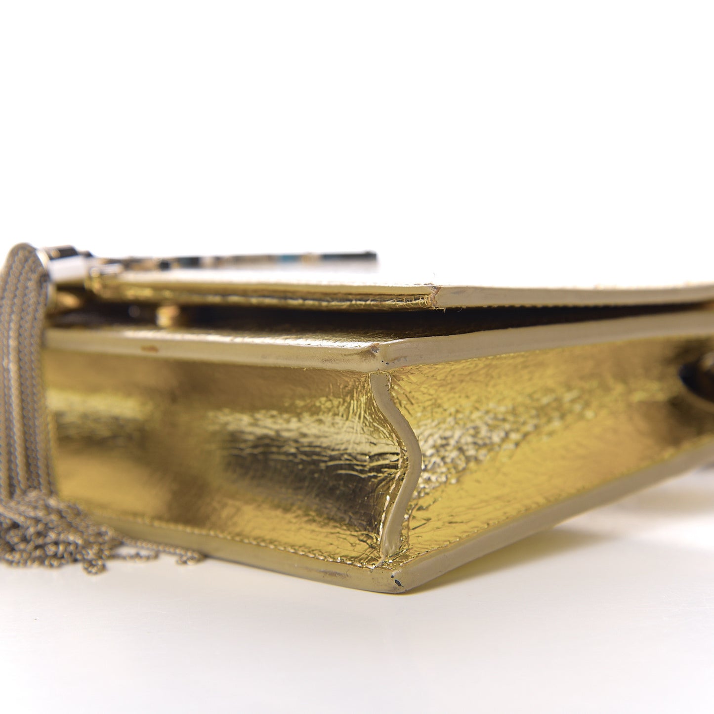 Metallic Crackled Calfskin Kate Monogram Tassel Chain Wallet Gold