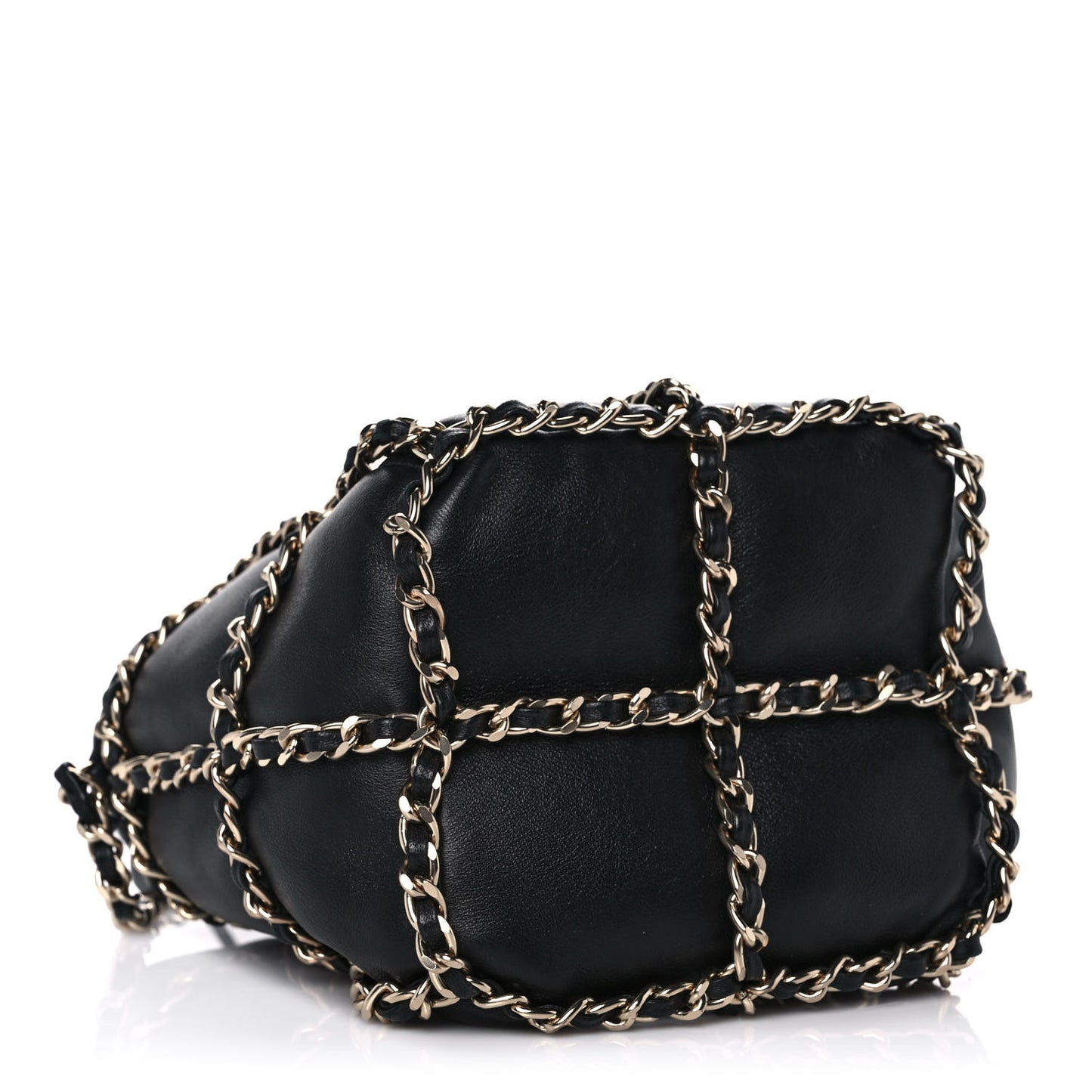 Lambskin Bucket Chain Drawstring Bag Black