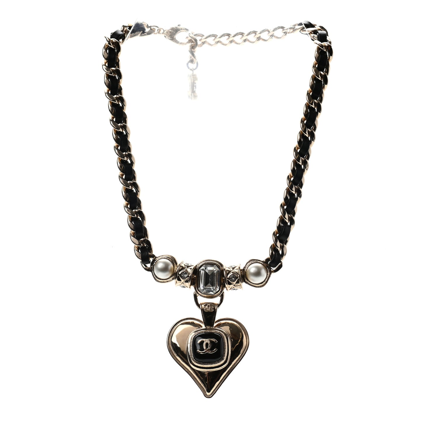 Lambskin Crystal Pearl CC Heart Choker Gold Black