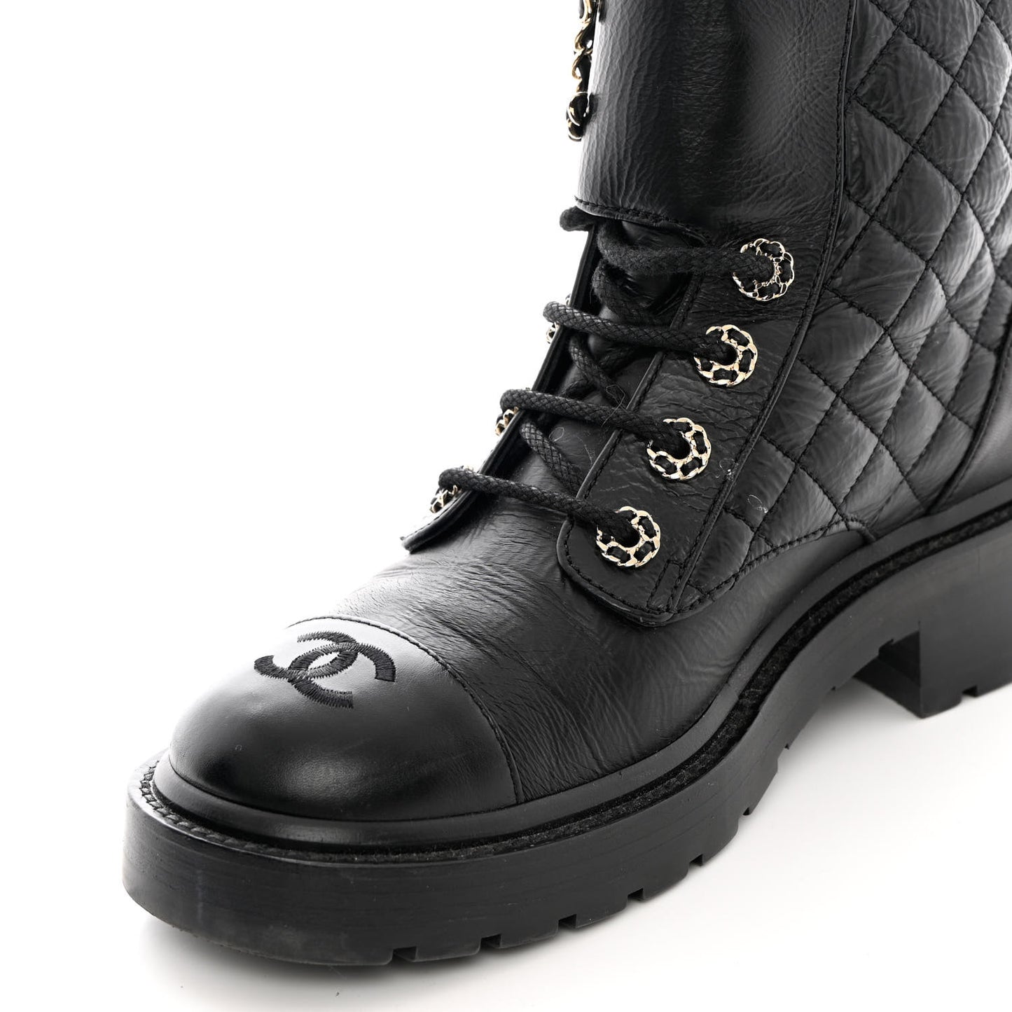 Shiny Calfskin Quilted Lace Up Combat Boots 37 Black