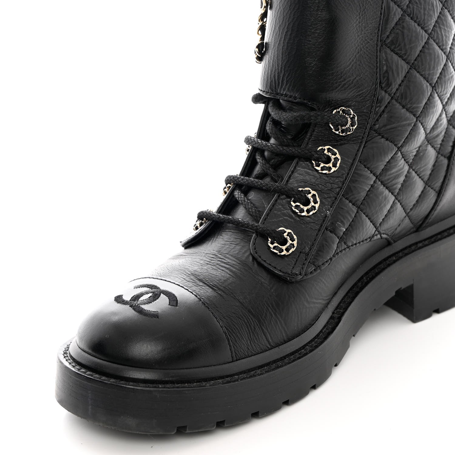 Chanel Shiny Calfskin Quilted Lace Up Combat Boots 37 Black 11 of 13