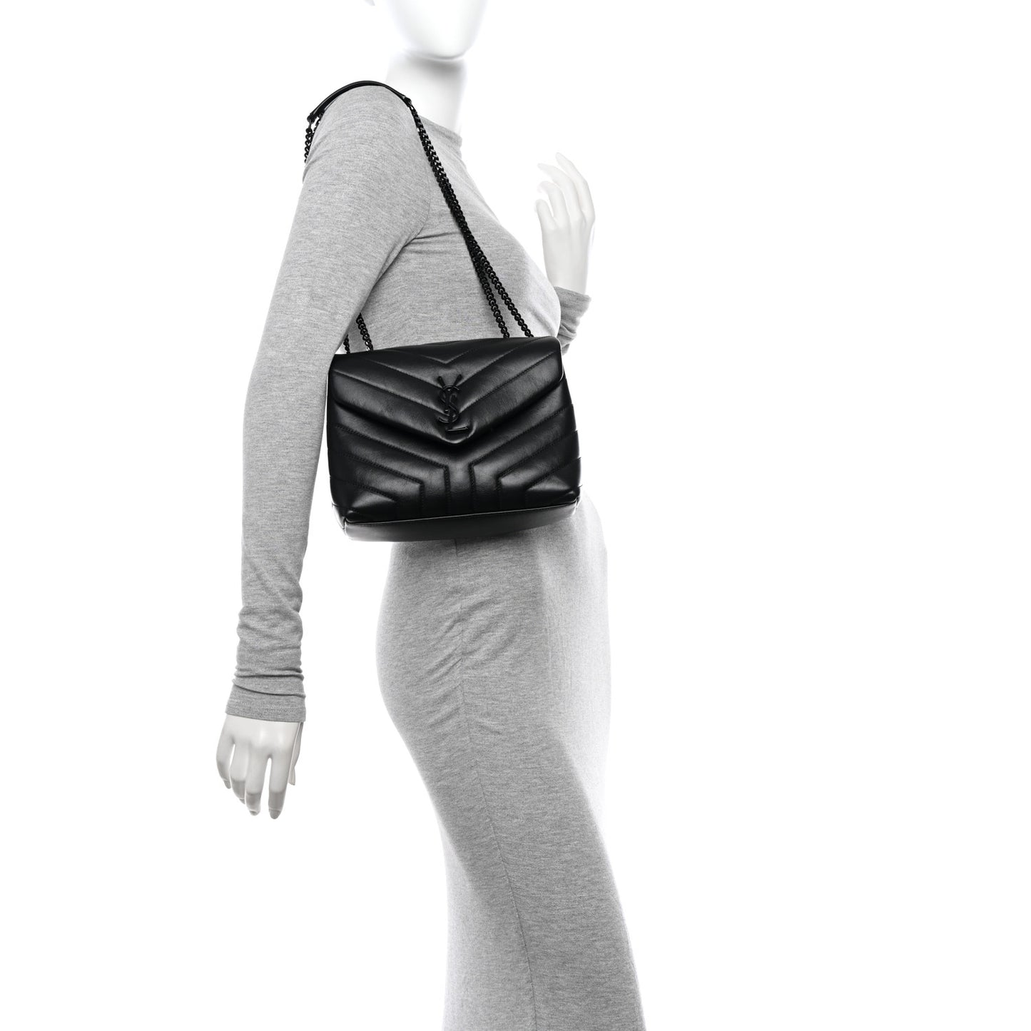 Calfskin Y Quilted Monogram Monochrome Small Loulou Chain Satchel Black