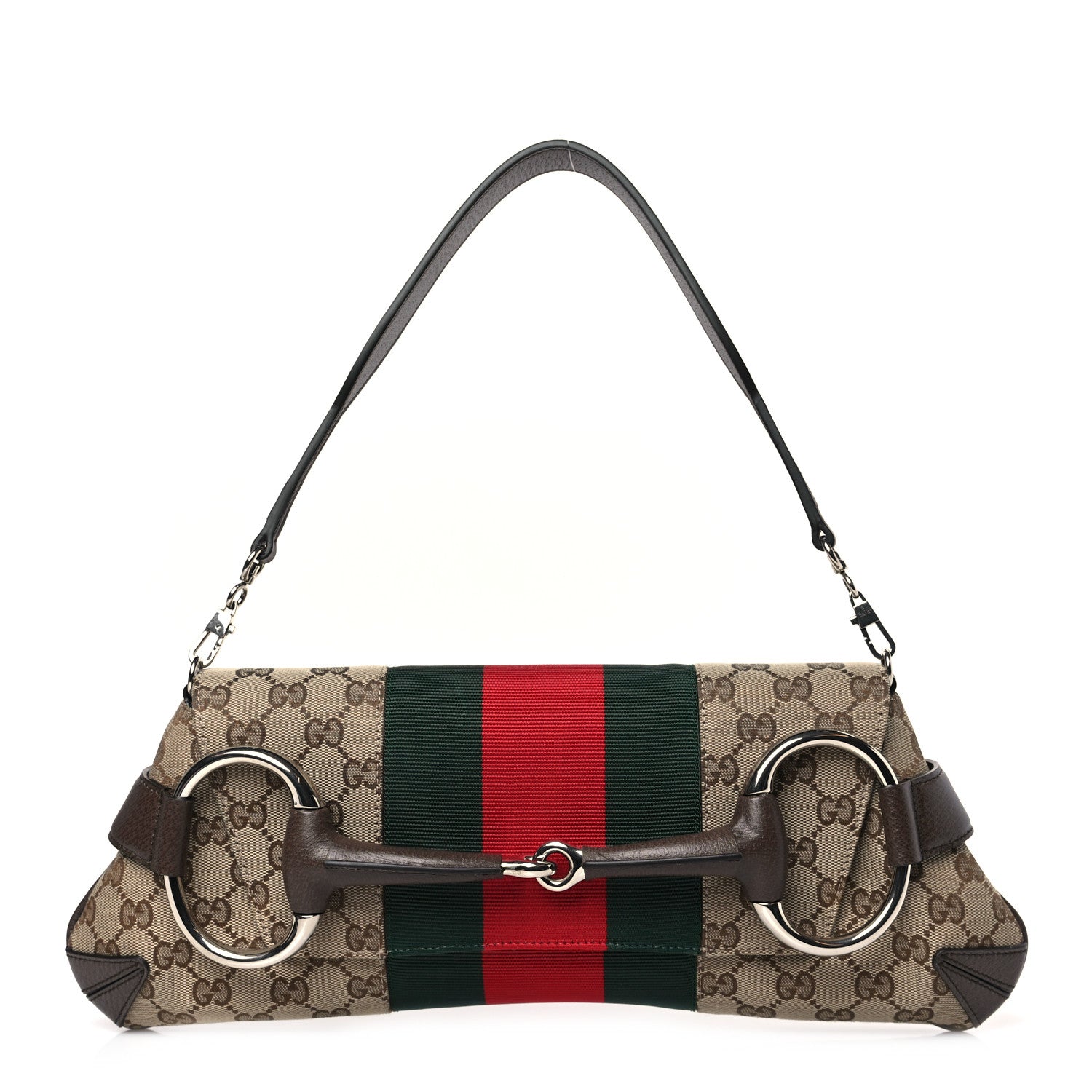 Gucci Monogram Textured Dollar Calfskin Heavy Grosgrain Web Medium Maxi Horsebit Chain Shoulder Bag Beige Ebony New Acero 1 of 8