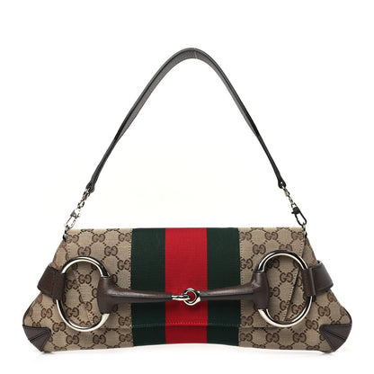 Gucci Monogram Textured Dollar Calfskin Heavy Grosgrain Web Medium Maxi Horsebit Chain Shoulder Bag Beige Ebony New Acero 1 of 8