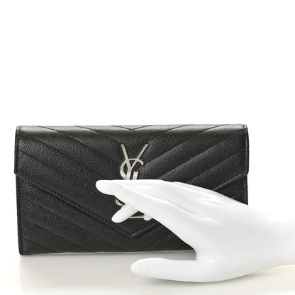 Saint Laurent Grain De Poudre Matelasse Chevron Monogram Flap Wallet Black 2 of 10