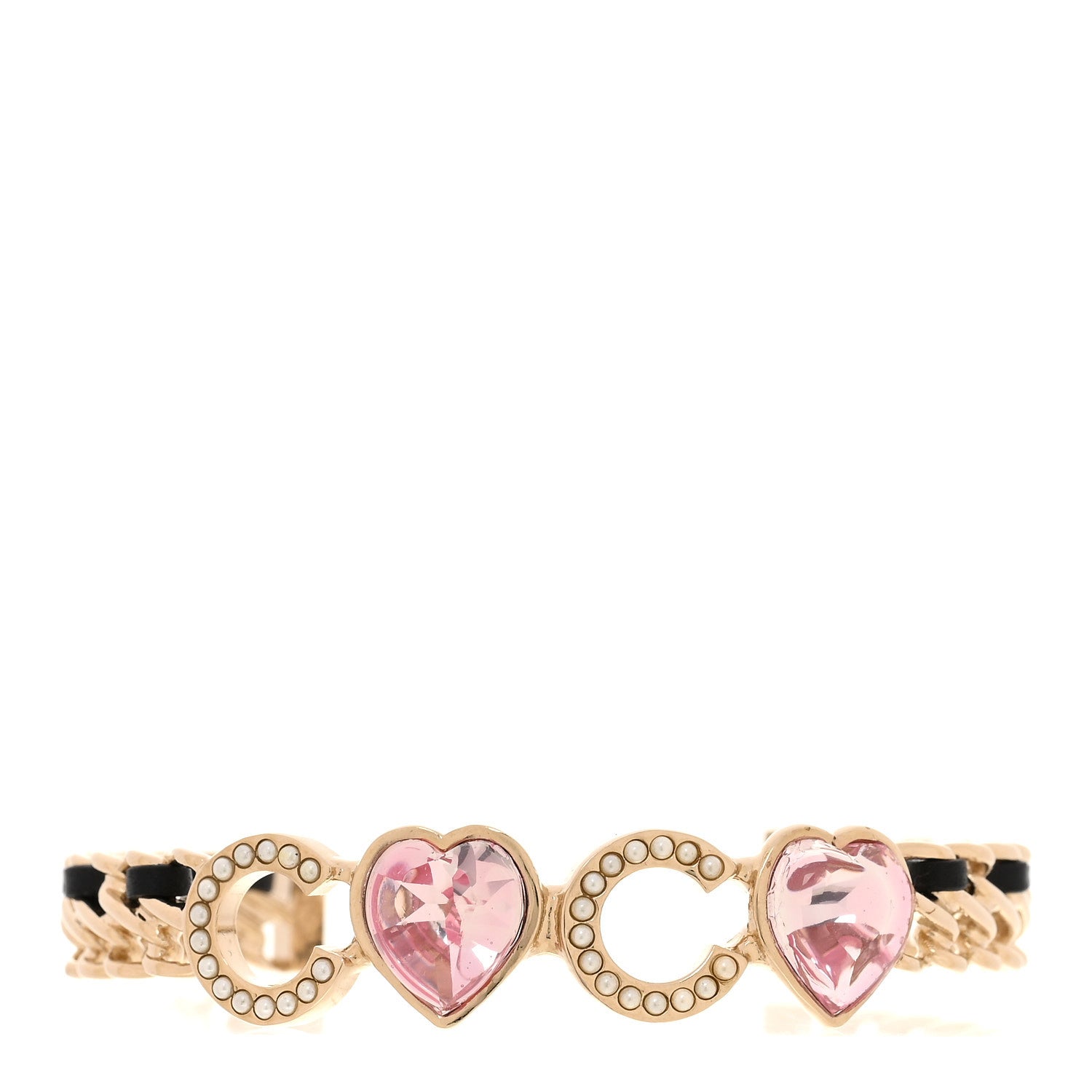 Chanel Crystal Pearl Coco Heart Chain Cuff Bracelet M Pink 1 of 5