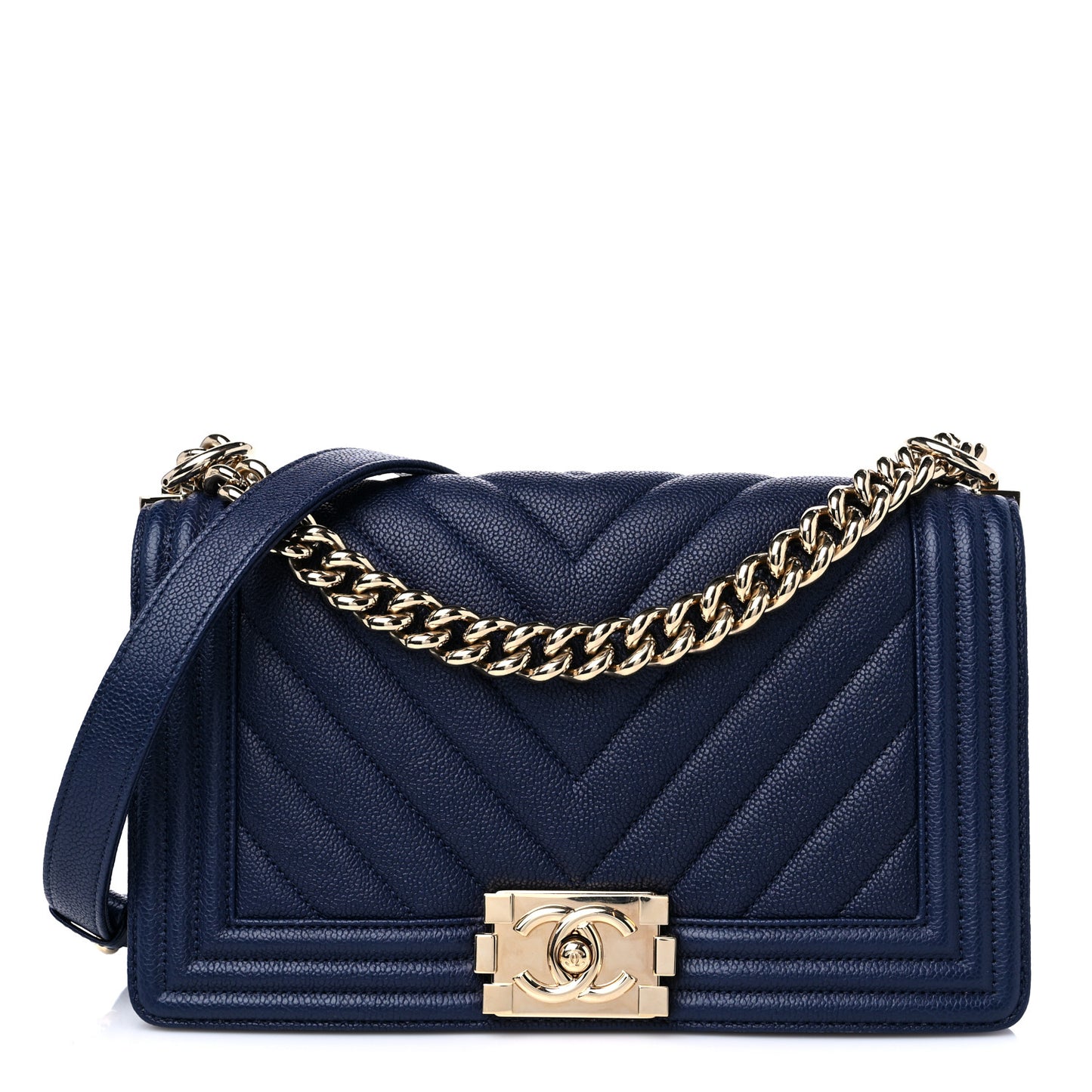 Caviar Chevron Quilted Medium Boy Flap Navy