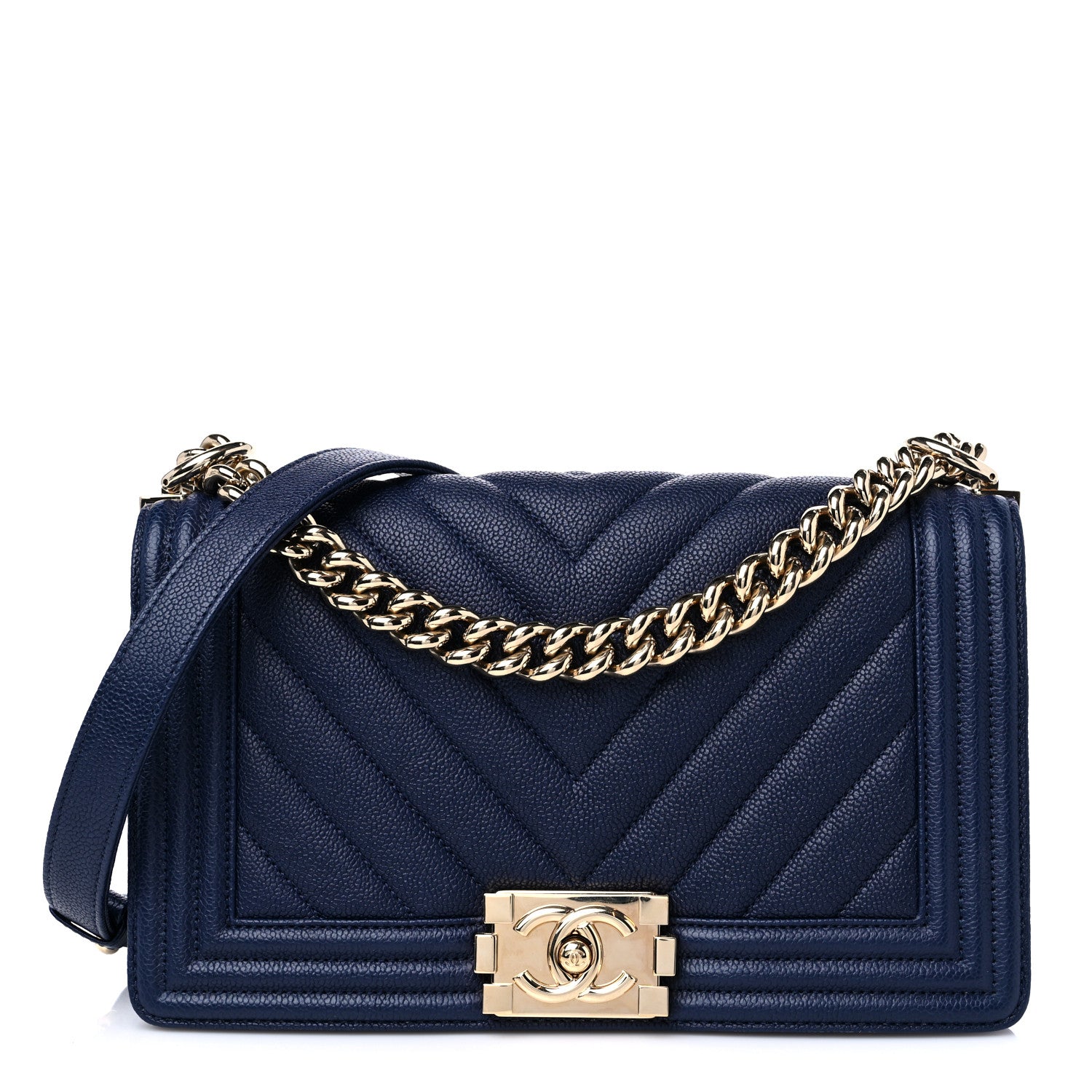 Chanel Caviar Chevron Quilted Medium Boy Flap Navy 1 of 10