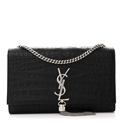 Saint Laurent Calfskin Crocodile Embossed Medium Classic Monogram Kate Tassel Satchel Black 1 of 9