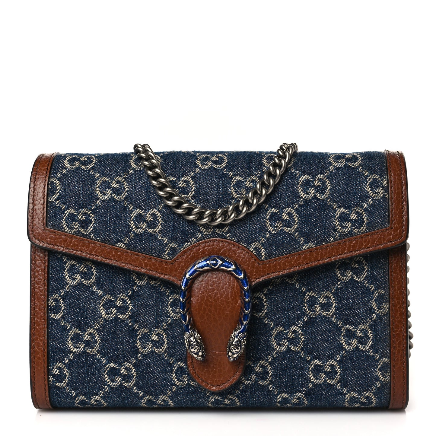 New Denim GG Monogram Dollar Calfskin Enamel Mini Dionysus Chain Wallet Blue Tea Cuir Epilog Electric Blue