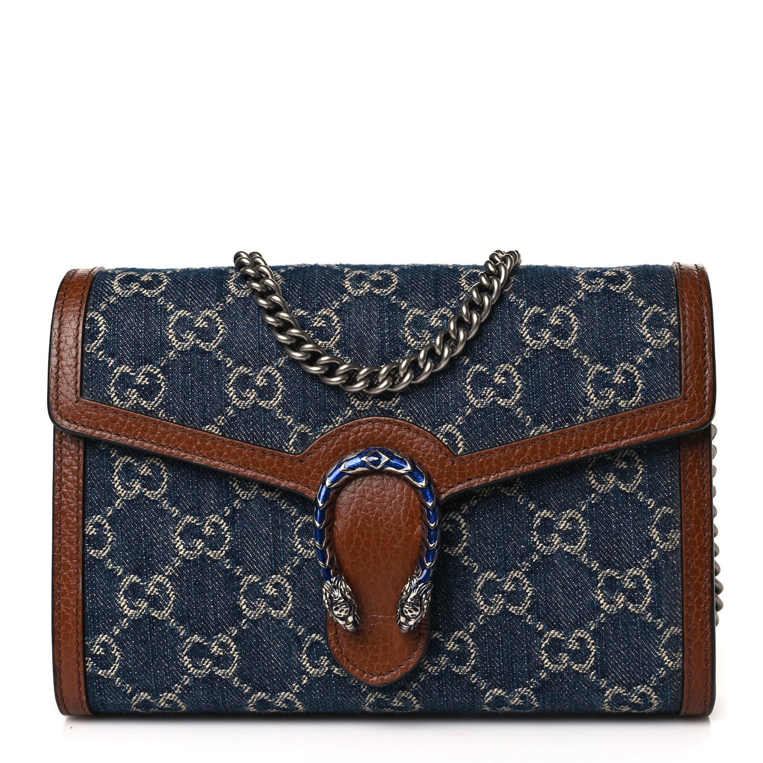 Gucci New Denim GG Monogram Dollar Calfskin Enamel Mini Dionysus Chain Wallet Blue Tea Cuir Epilog Electric Blue 1 of 8