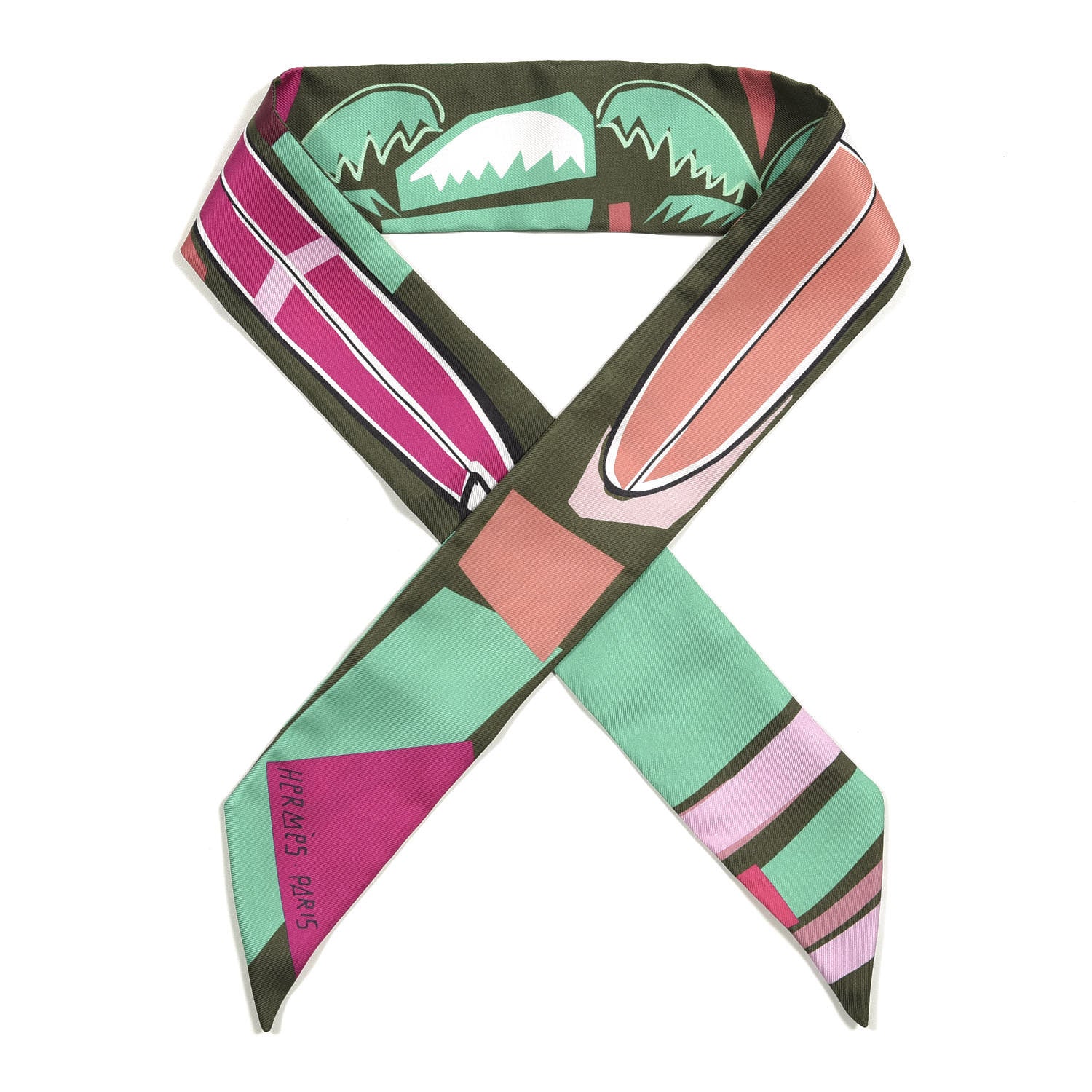 Hermes Silk Sea Surf and Fun Twilly Vert Sapin Fuchsia Menthol 1 of 3
