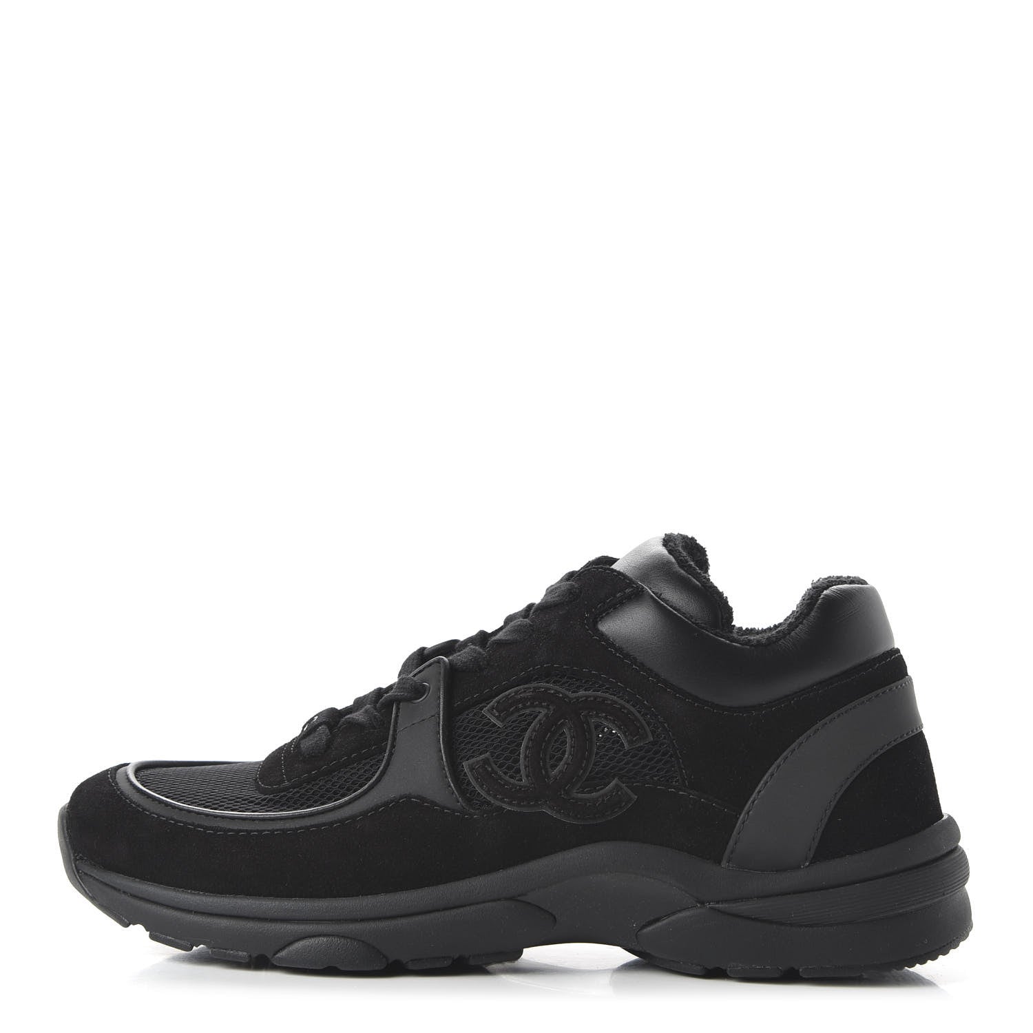 Chanel Fabric Calfskin Suede CC Womens Sneakers 37.5 Black 1 of 9