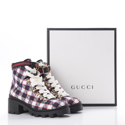 Gucci Vintage Tweed Check Lace Up Combat Ankle Boots 40 White Hibiscus Red Marine 10 of 10