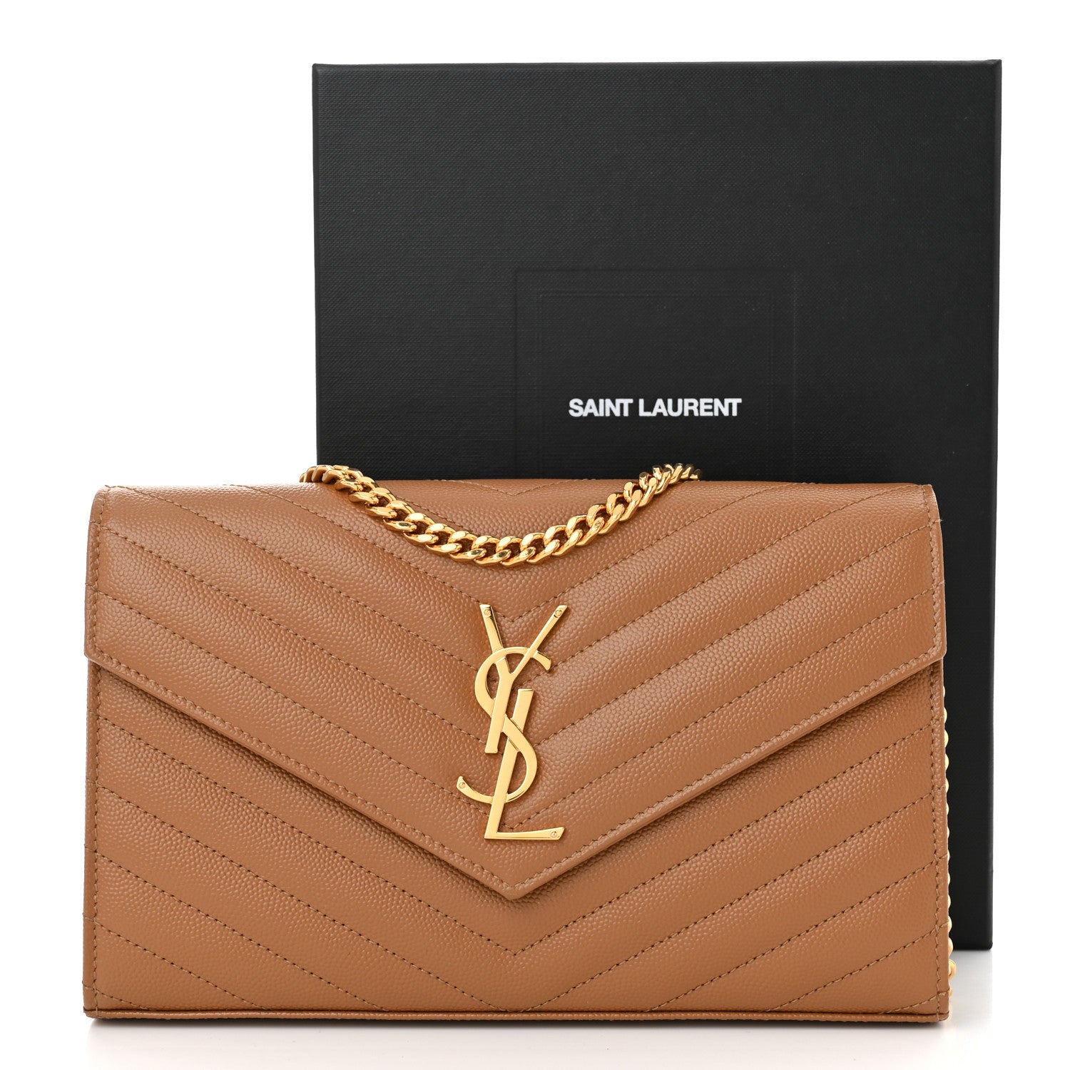 Saint Laurent Grain De Poudre Matelasse Chevron Monogram Chain Wallet Natural Dark 12 of 12