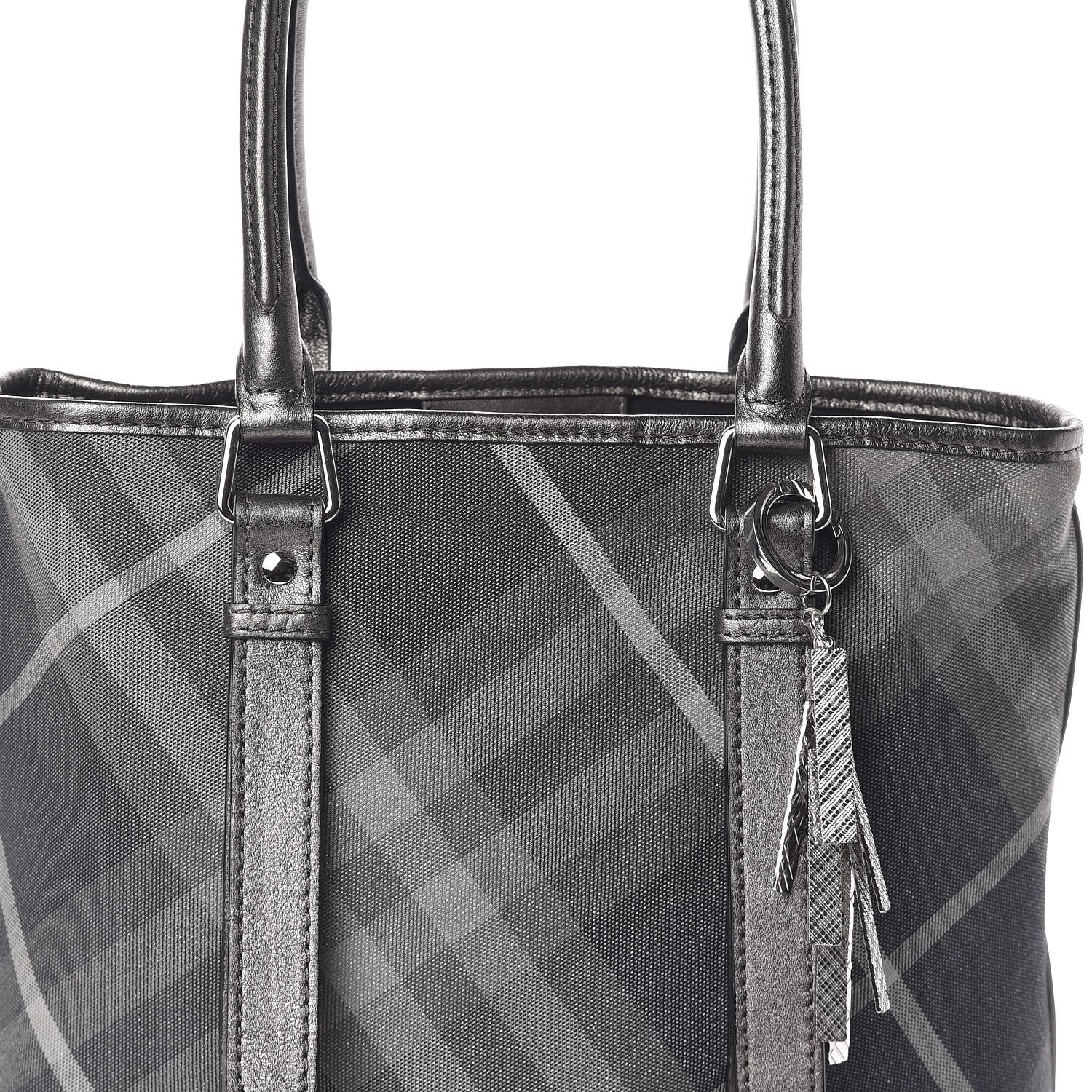 Burberry Canvas Calfskin Shimmer Check Tote Grey 7 of 9