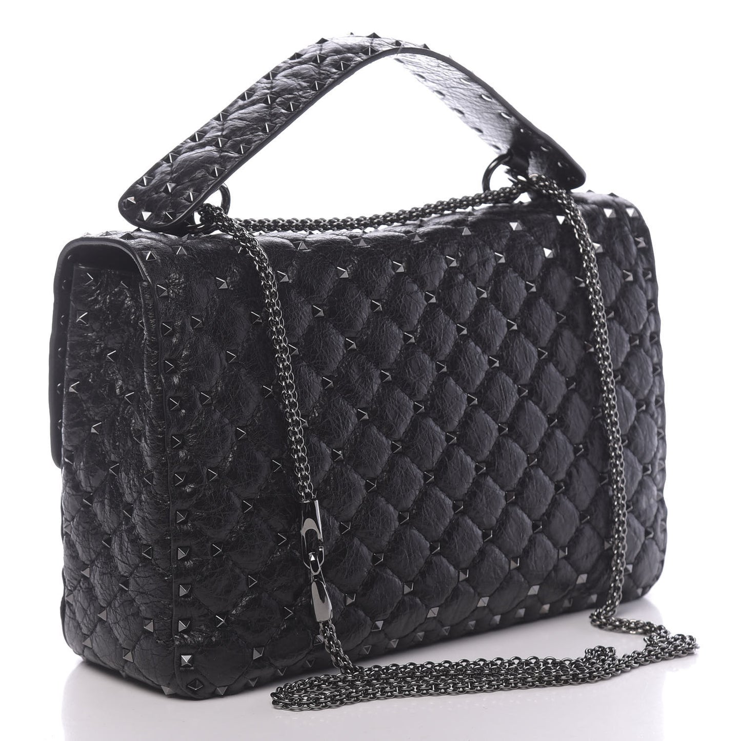 Craquele Nappa Large Rockstud Spike Shoulder Bag Black