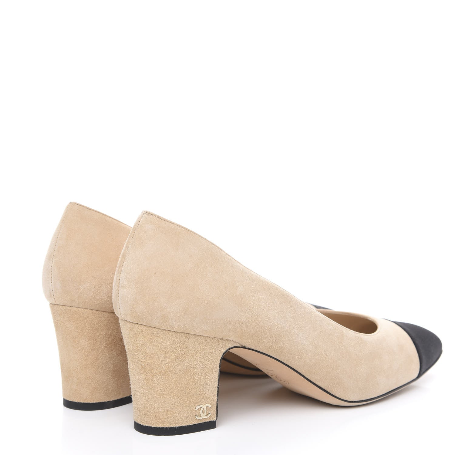 Chanel Suede Satin Cap Toe Low Heel Pumps 40 Beige Black 4 of 10