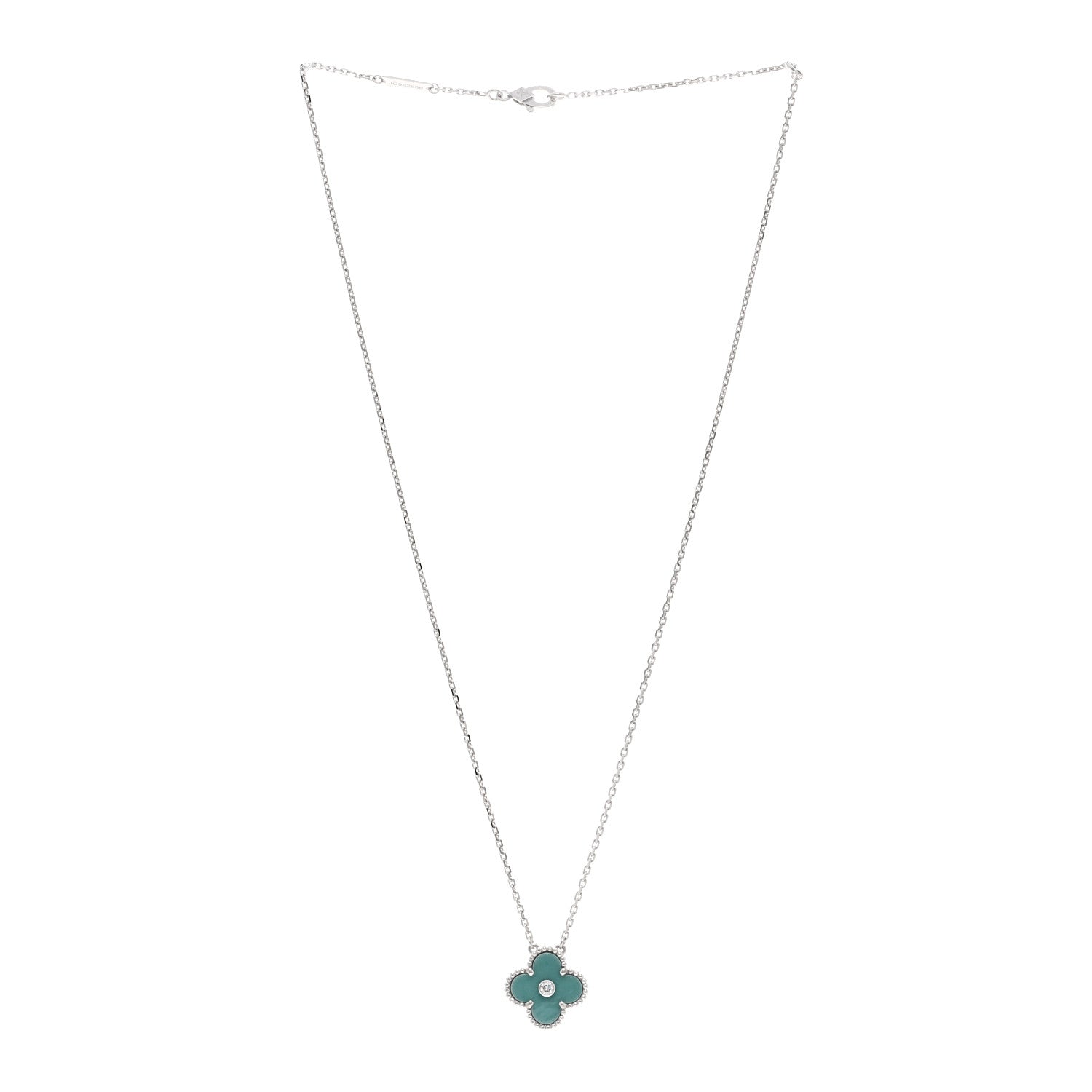 Van Cleef & Arpels 18K White Gold Diamond Celadon Green Sevres Porcelain Vintage Alhambra Pendant Necklace 4 of 6