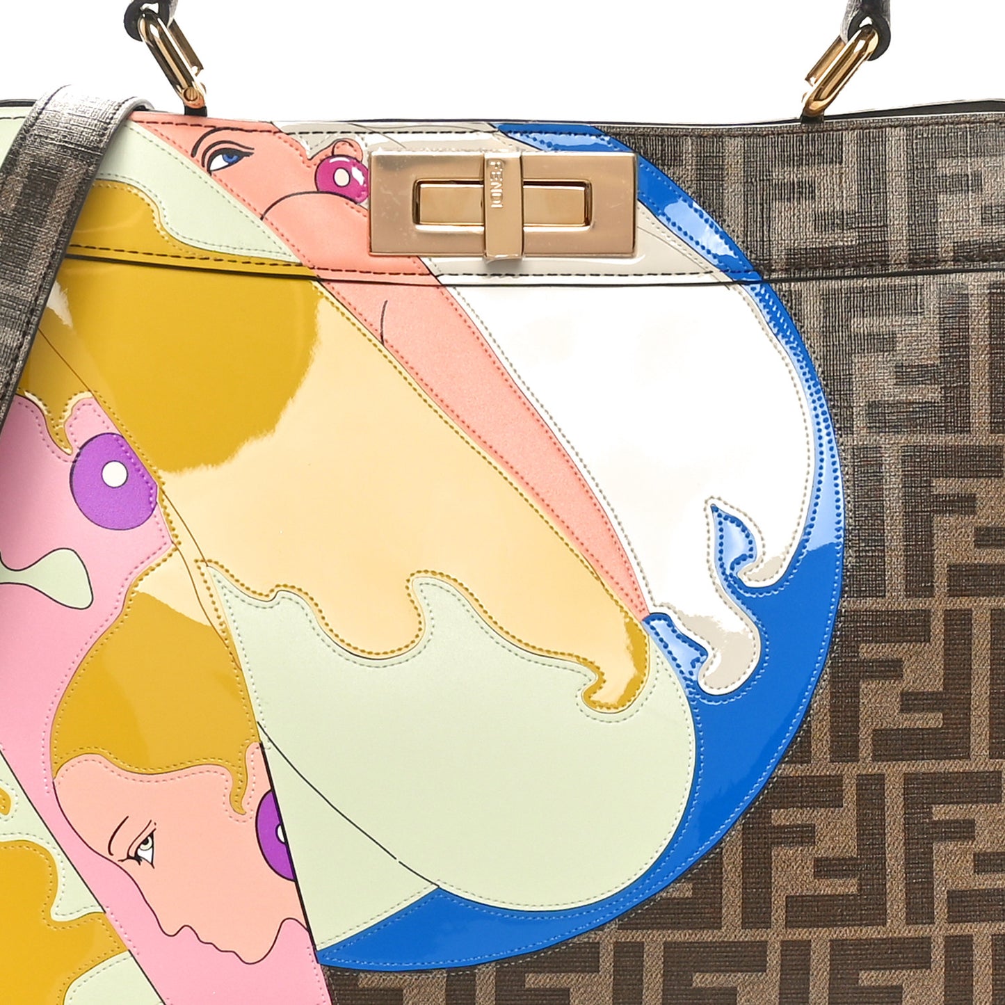 Glazed Fabric Vitello FF 1974 Hairdo Girls Inlay Medium Peekaboo Iconic Satchel Mogano Panna Multicolor