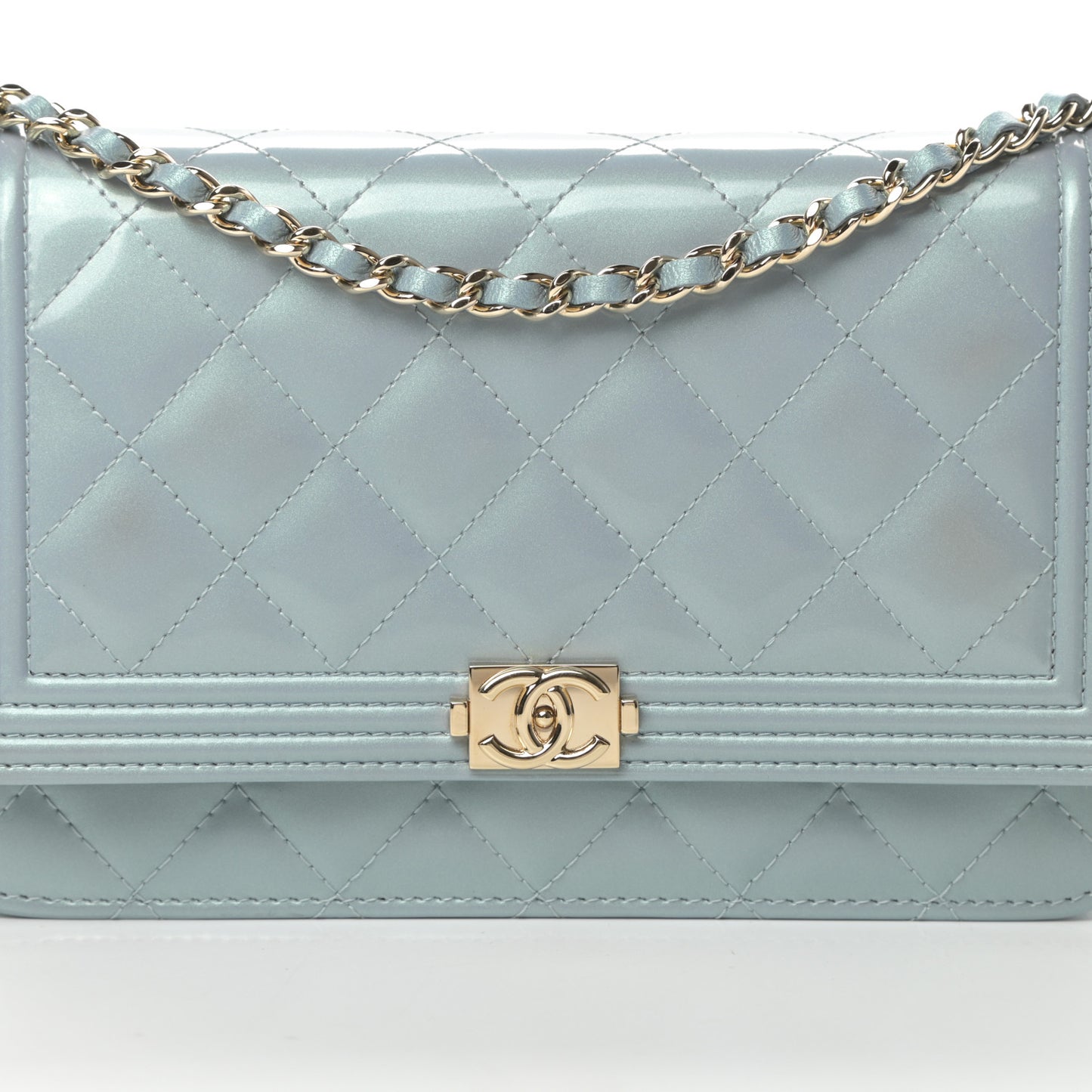 Metallic Patent Calfskin Quilted Boy Wallet on Chain WOC Light Blue