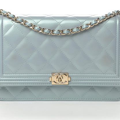 Chanel Metallic Patent Calfskin Quilted Boy Wallet on Chain WOC Light Blue 9 of 15