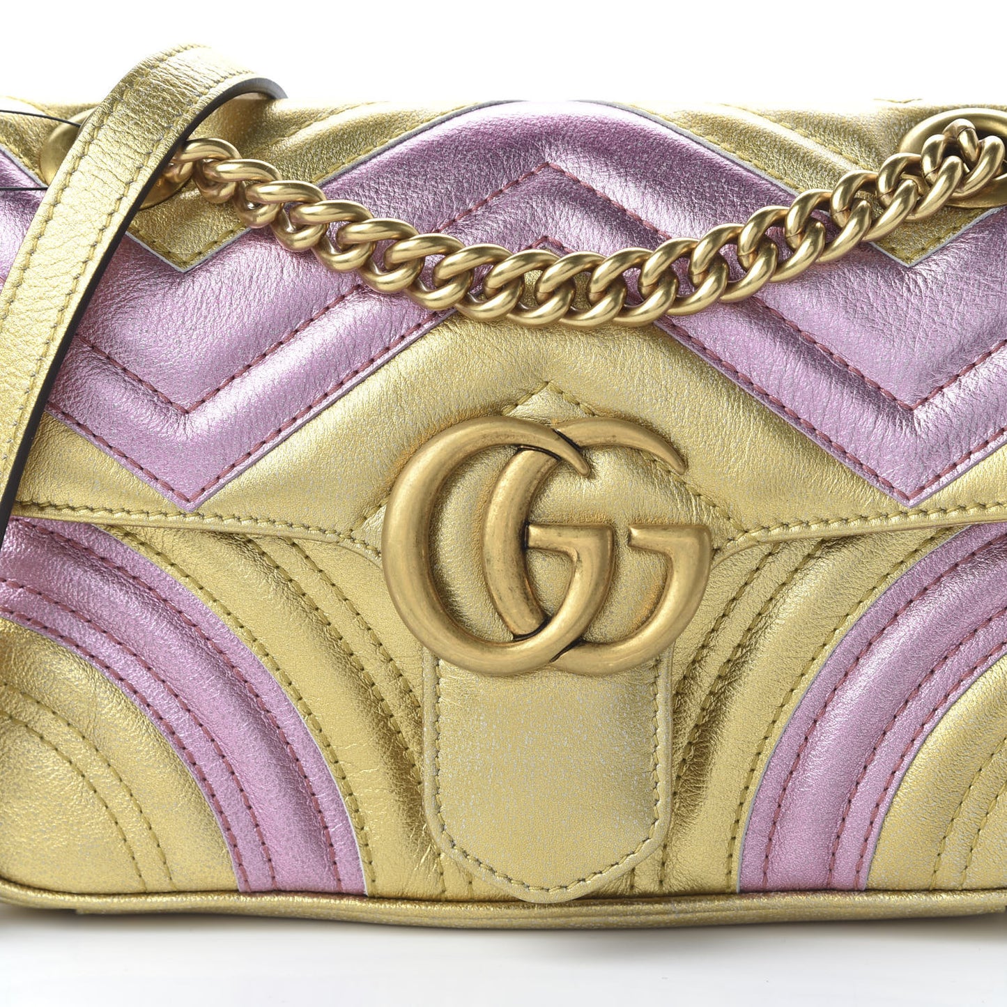 Metallic Calfskin Matelasse Mini GG Marmont Shoulder Bag Gold Pink