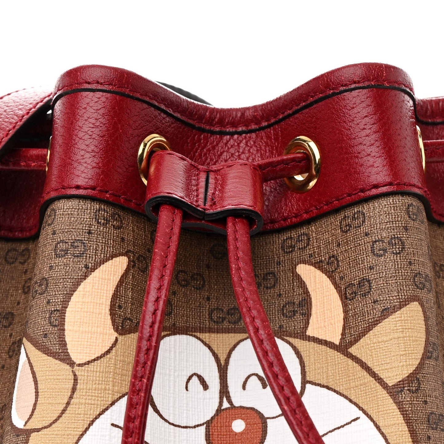 X DORAEMON Vintage GG Supreme Monogram Small Bucket Bag Beige Cherry Red