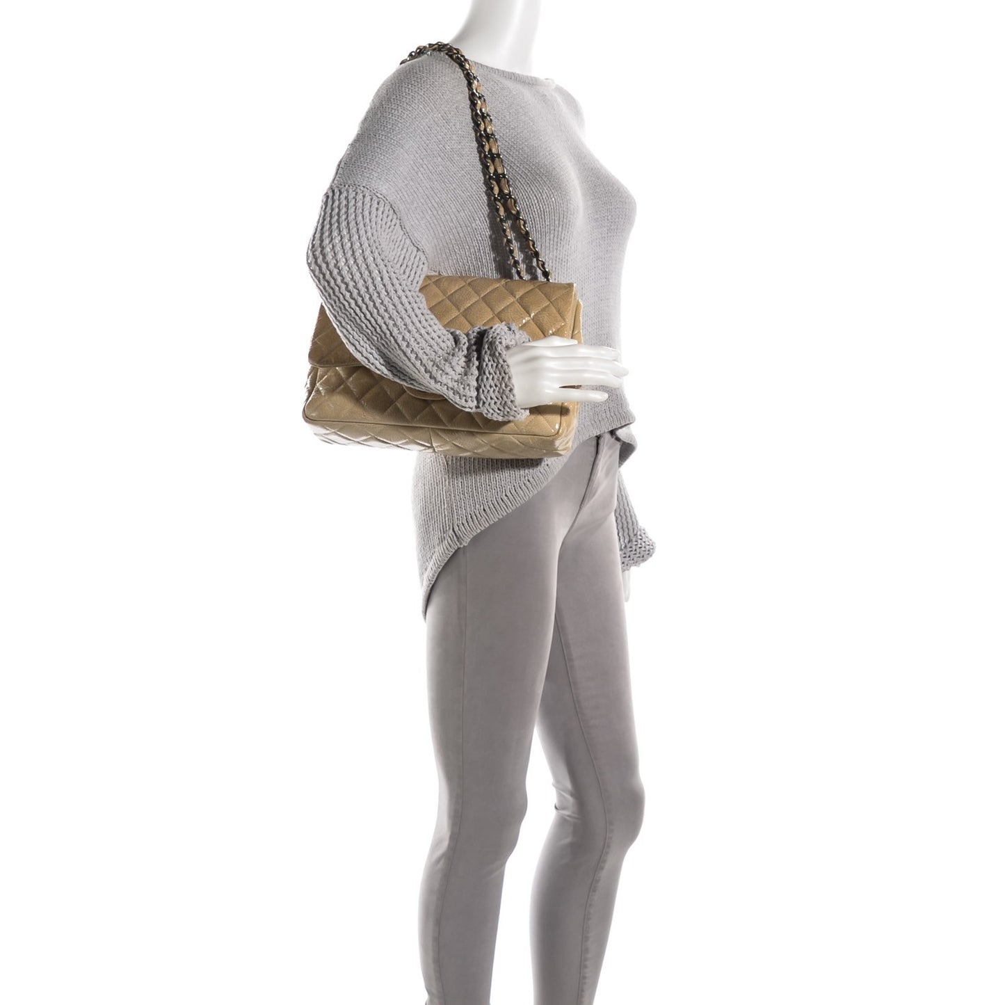 Crinkled Patent Quilted Jumbo Single Flap Light Beige