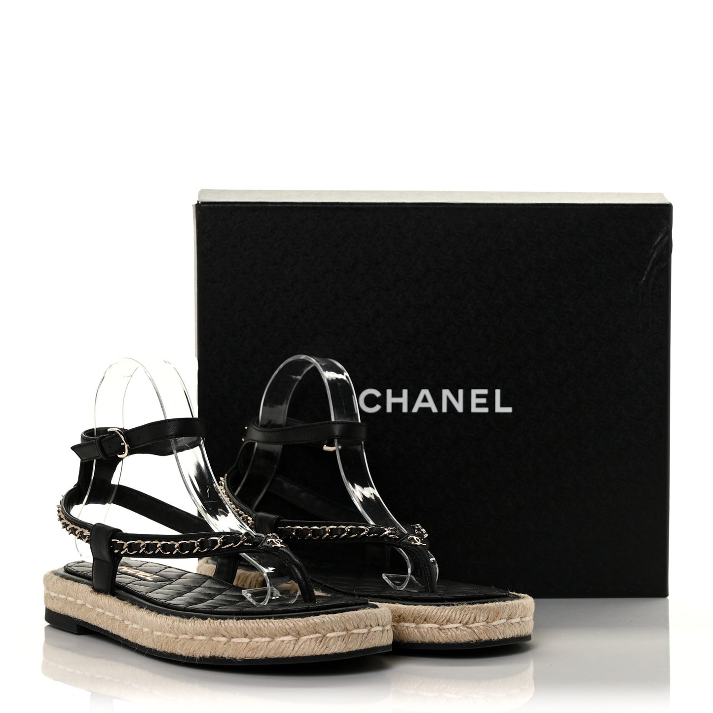 Lambskin Chain CC Thong Espadrille Sandals 41 Black