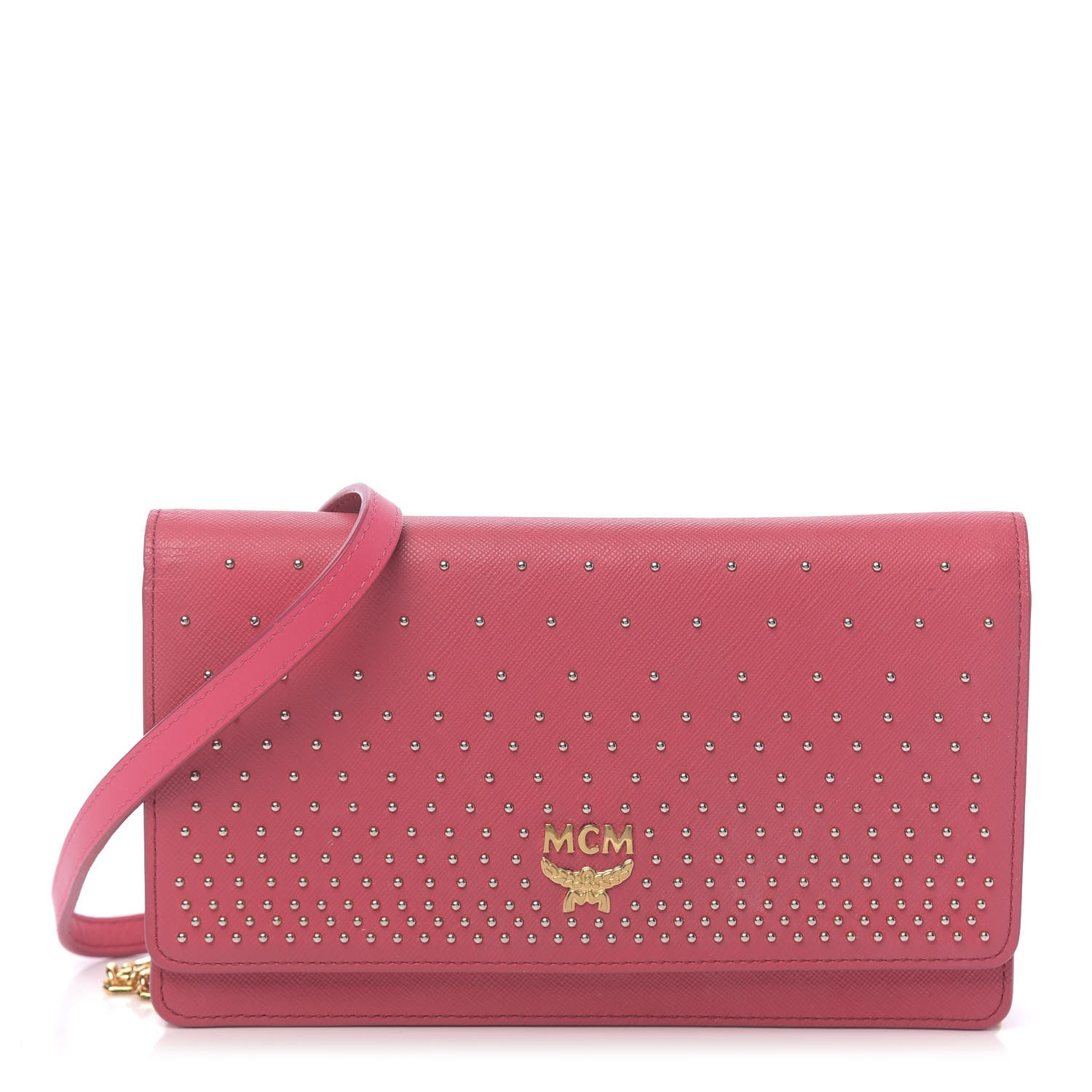 MCM Saffiano Studded Wallet On Chain Pink 1 of 10