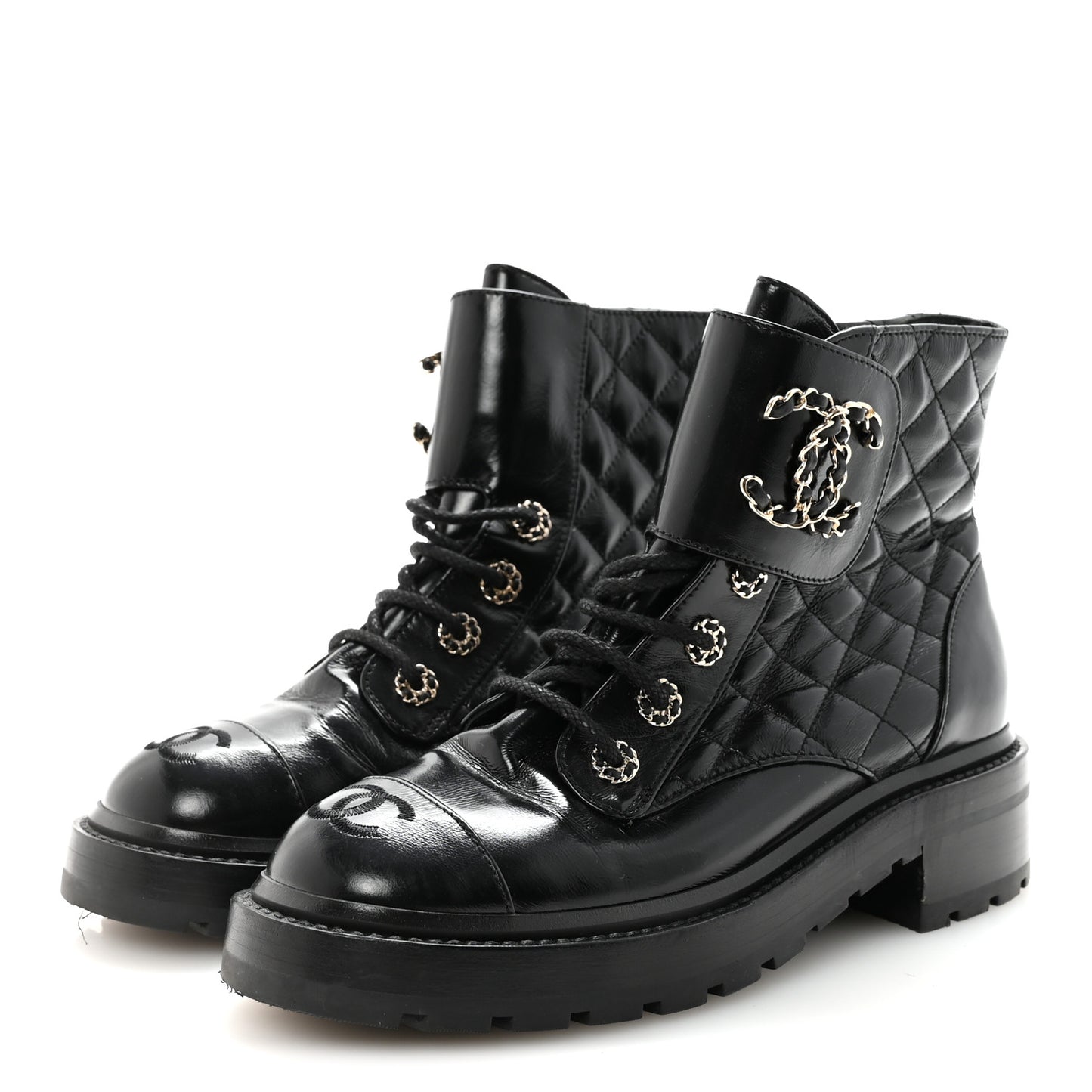Shiny Calfskin Quilted Lace Up Combat Boots 37.5 Black