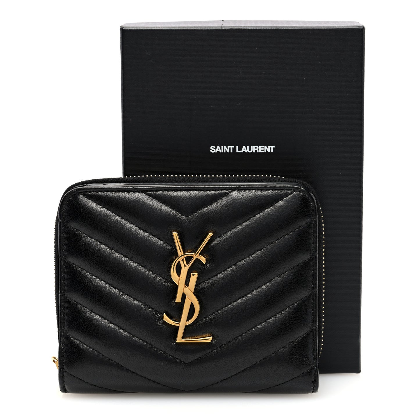 Lambskin Matelasse Chevron Monogram Compact Zip Around Wallet Black