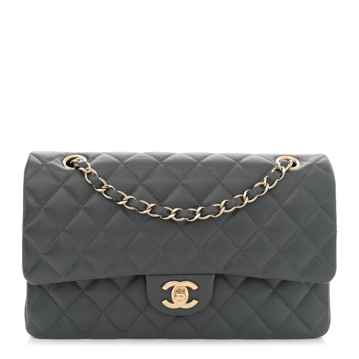 Caviar Quilted Medium Double Flap Dark Grey
