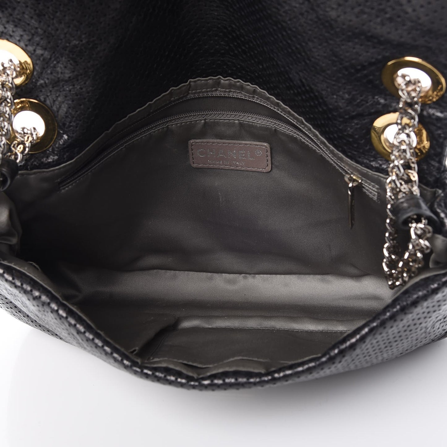 Metallic Crackled Calfskin Large Perforated Drill Flap Black